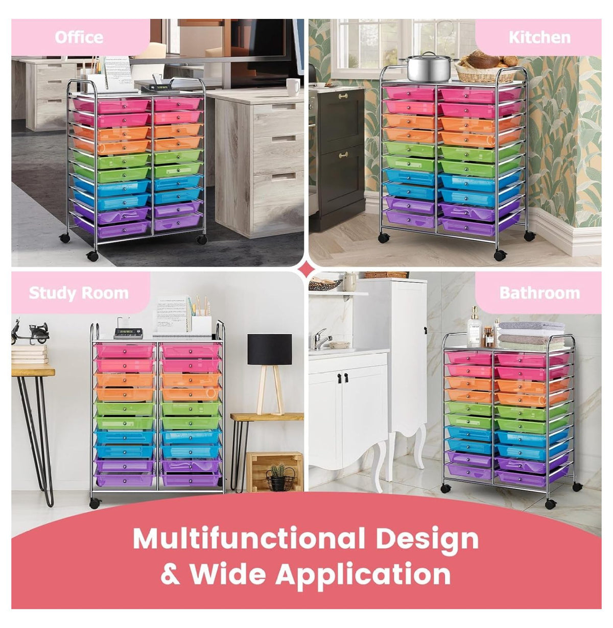 20 Drawers Storage Cart w/Rolling Wheels, Semi-Transparent Mobile Rolling Drawer Cart for School Classroom Office Home Salon, Files Scrapbook Craft Organizer, Utility Cart on Wheels (Clear)