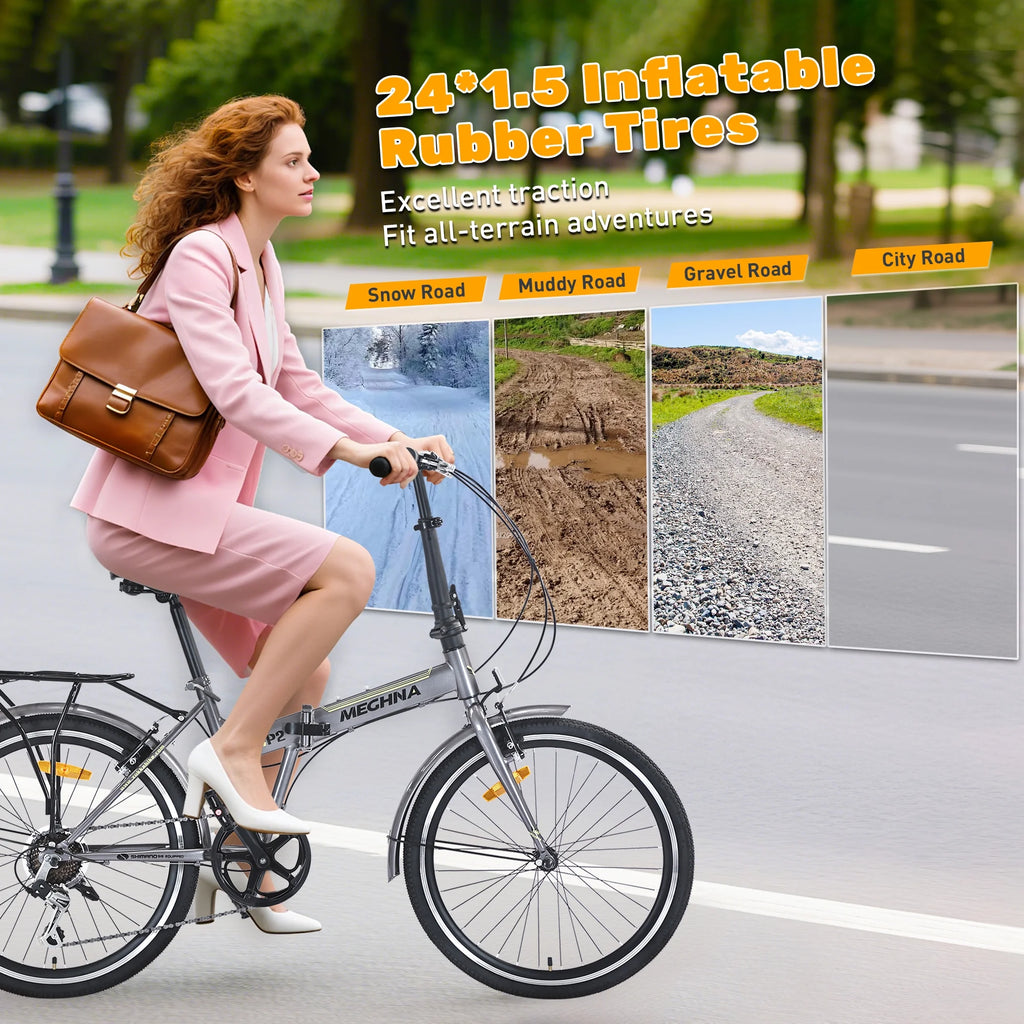 Meghna 24 inch Folding Bike 7 Speed V Brake City Commuter for Men Women Daily Commuting Black