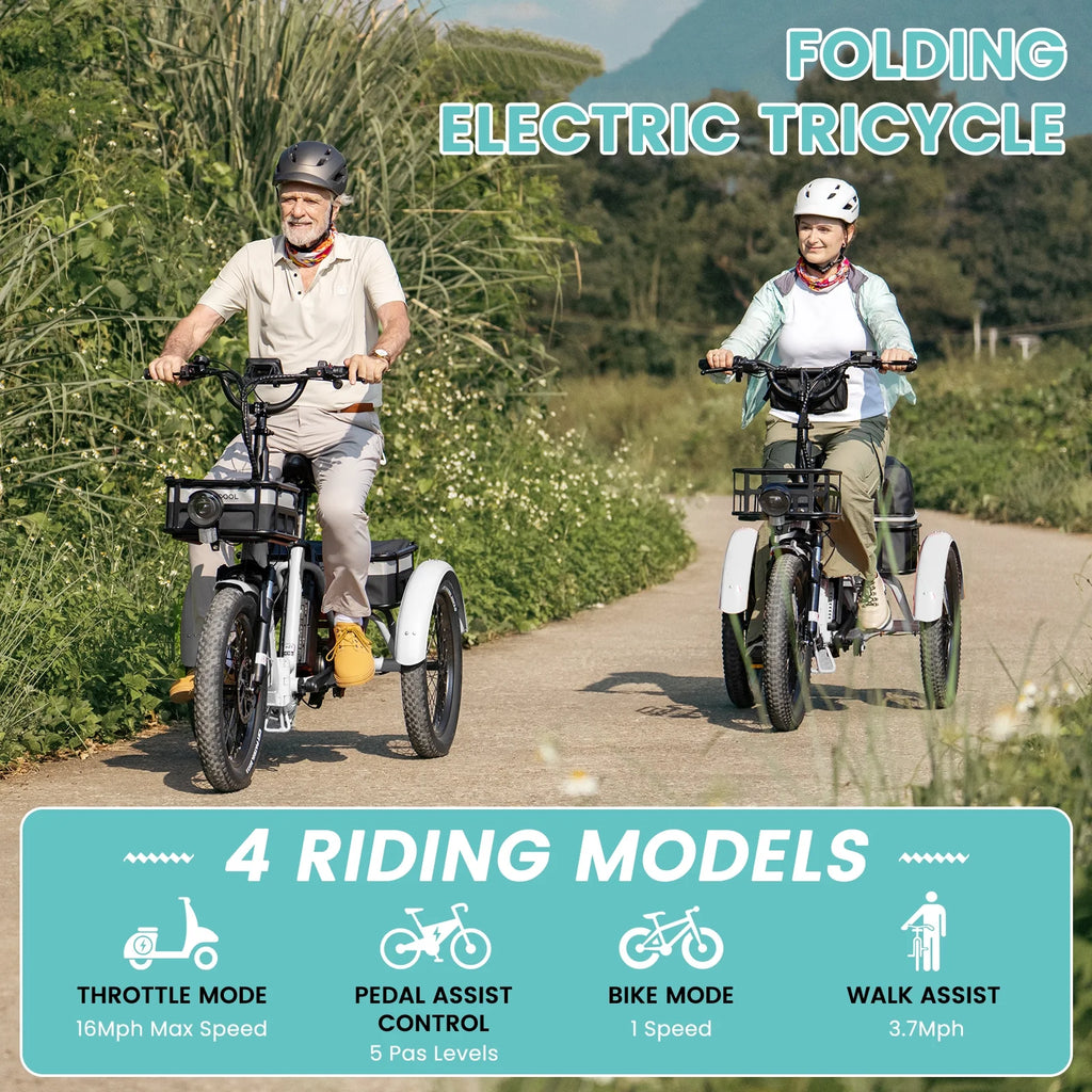 MOONCOOL TK1 Folding Electric Tricycle for Adults,48V 14.5Ah Removable battery, 500W（Peak 1000w）Motor, 20" Fat Tire Step-Thru 3Wheel Electric Bicycle w/Front&Rear Baskets, Certified to UL 2849 by SGS