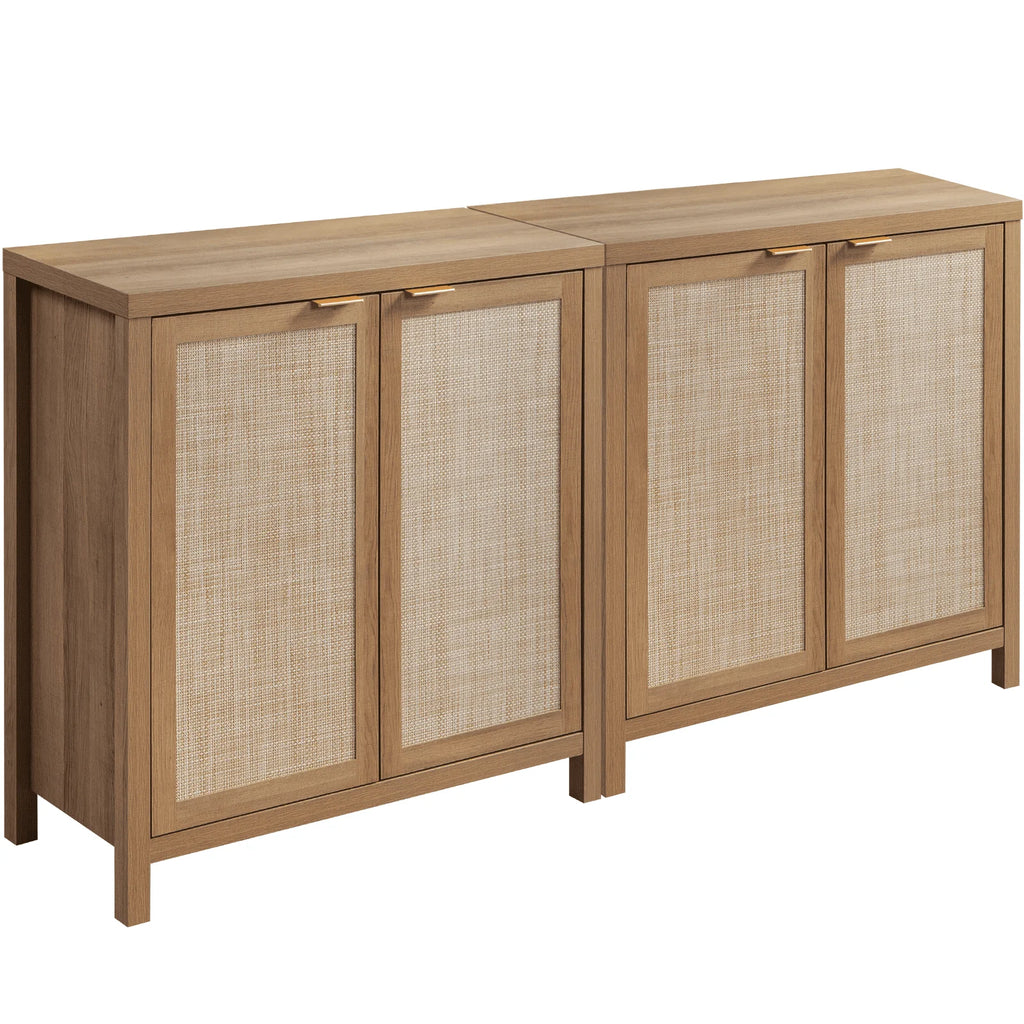 Sanspredet Sideboard Buffet Cabinet Set of 2, Rattan Cabinet with Doors Farmhouse Kitchen Storage Cabinet, Boho Liquor Cabinet Accent Cabinet