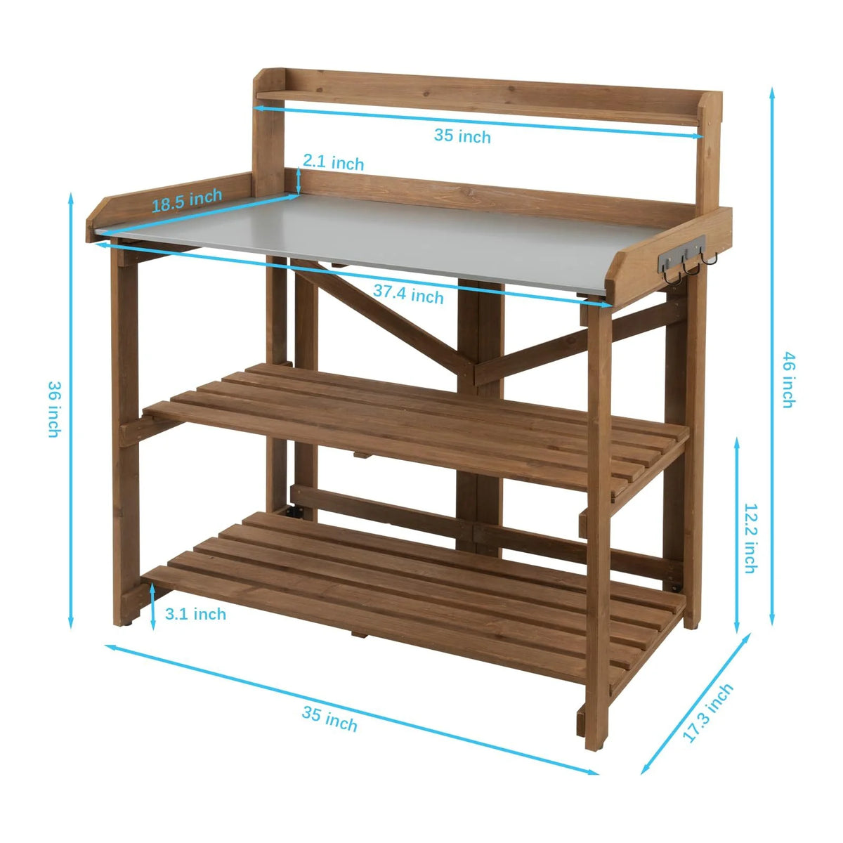 PETSCOSSET Outdoor Wooden Folding Potting Bench Table, Fir Wood Garden Workstation with Galvanized Tabletop, 2 Tier Storage Shelves, Brown