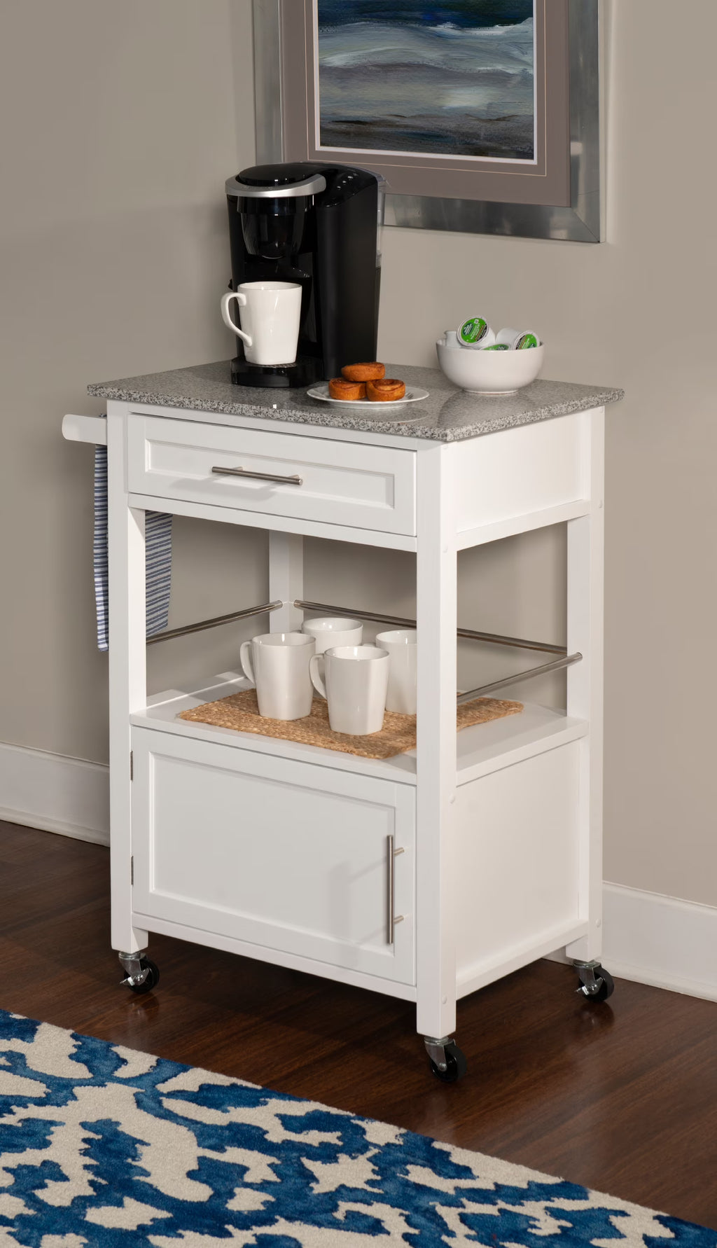 Linon Monett 2-Tier Mobile Serving Cart with Gray Granite Top, 27.75" Length, White