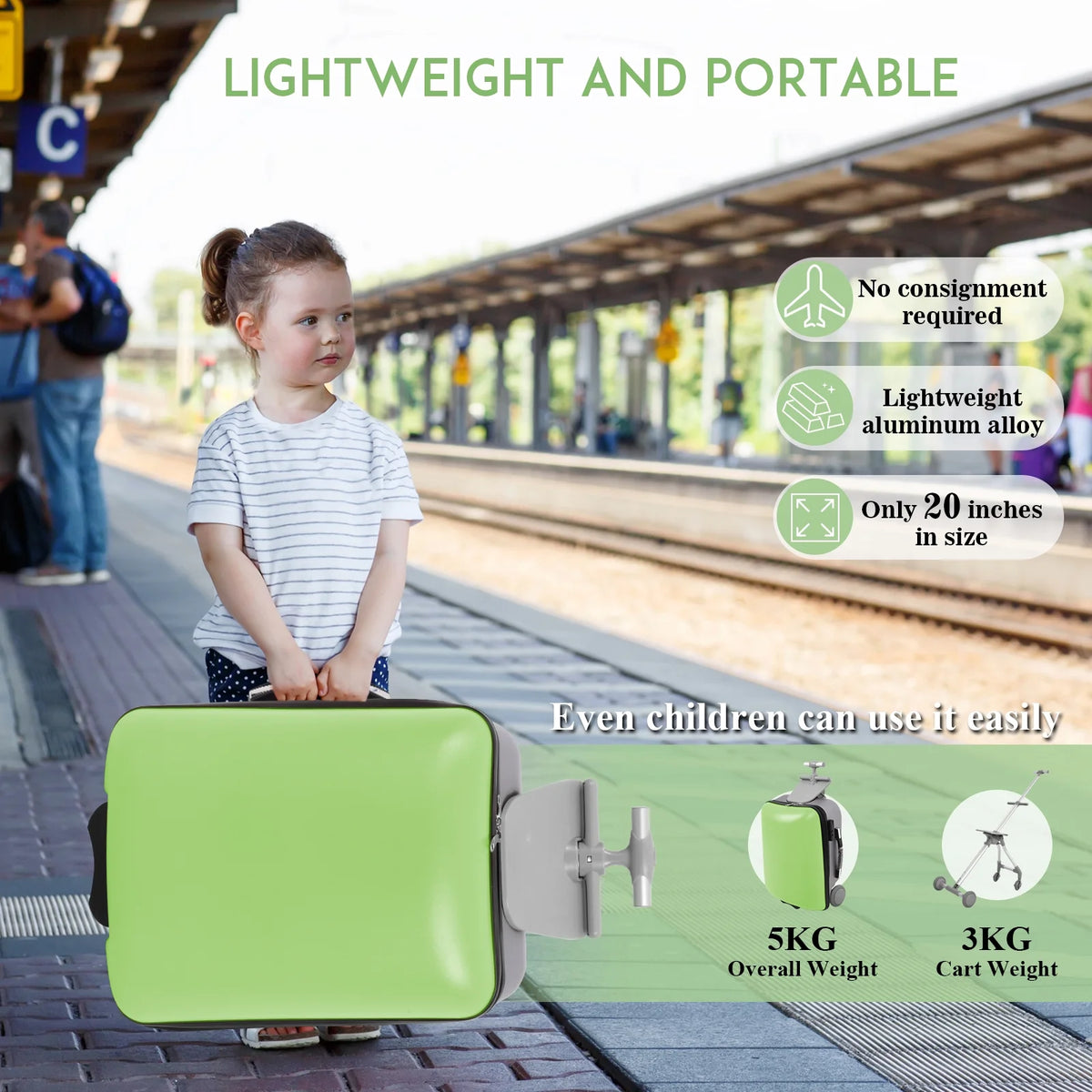 Fridtrip 20 Inch Hardside Carry on Luggage - 3-in-1 Kids Ride-on Suitcase with Spinner Wheels, Child Seat & Stroller Design, Lightweight Hard Shell Travel Luggage with Large Capacity for Family Trips