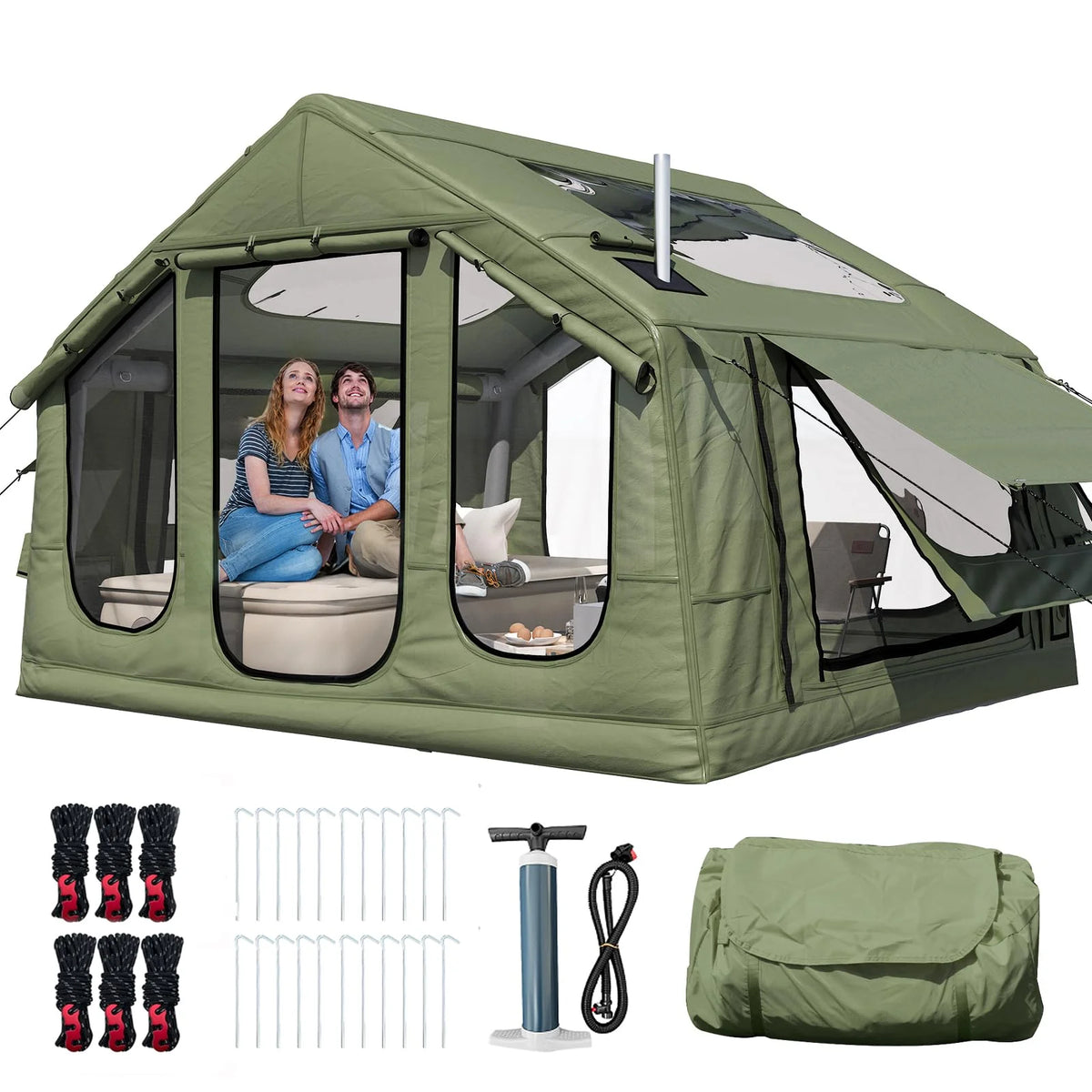 Yoleny 12'x8' Inflatable Tent, 96 SFT Blow Up Tent for Camping, 4 Season Oxford Glamping Tents with Clear Skylight, Pump & Stove Jack