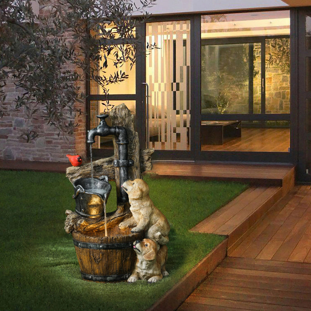 LuxenHome 25" Garden Water Fountain, Whimsical Puppy Dog Resin Water Fountain Outdoor with LED Lights