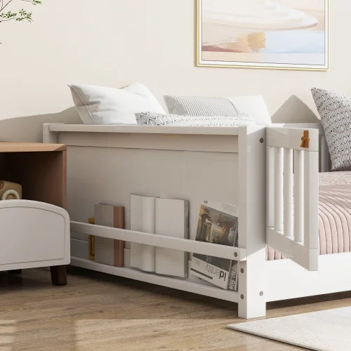 Bellemave Twin Size Floor Bed with Fence, Montessori Floor Twin Bed with Built-in Book Rack, Solid Wood Twin Bed with Slats and Safety Guardrails, Natural