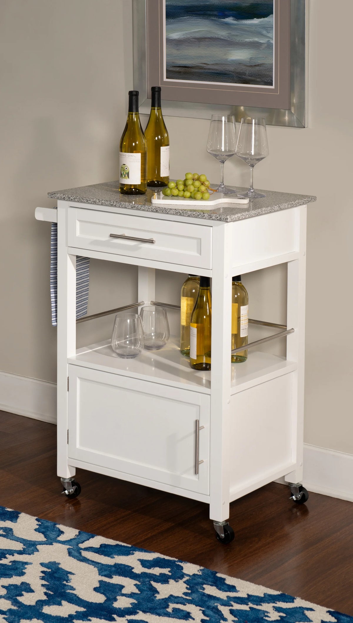 Linon Monett 2-Tier Mobile Serving Cart with Gray Granite Top, 27.75" Length, White