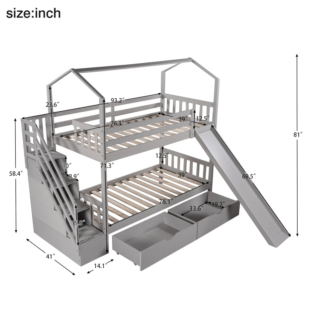 Bellemave Twin Over Twin House Bunk Bed with Slide and Stairs,Wooden Bunk Bed with Storage Drawers,Playhouse Bed for Kids,Teens(Gray)