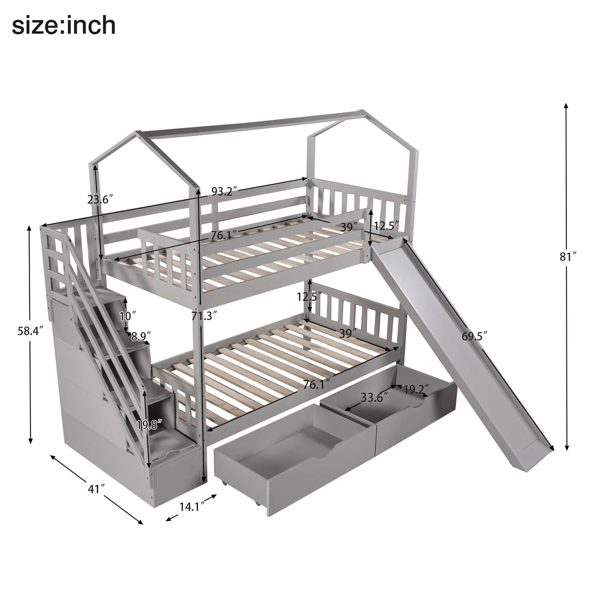 Bellemave Twin Over Twin House Bunk Bed with Slide and Stairs,Wooden Bunk Bed with Storage Drawers,Playhouse Bed for Kids,Teens(Gray)
