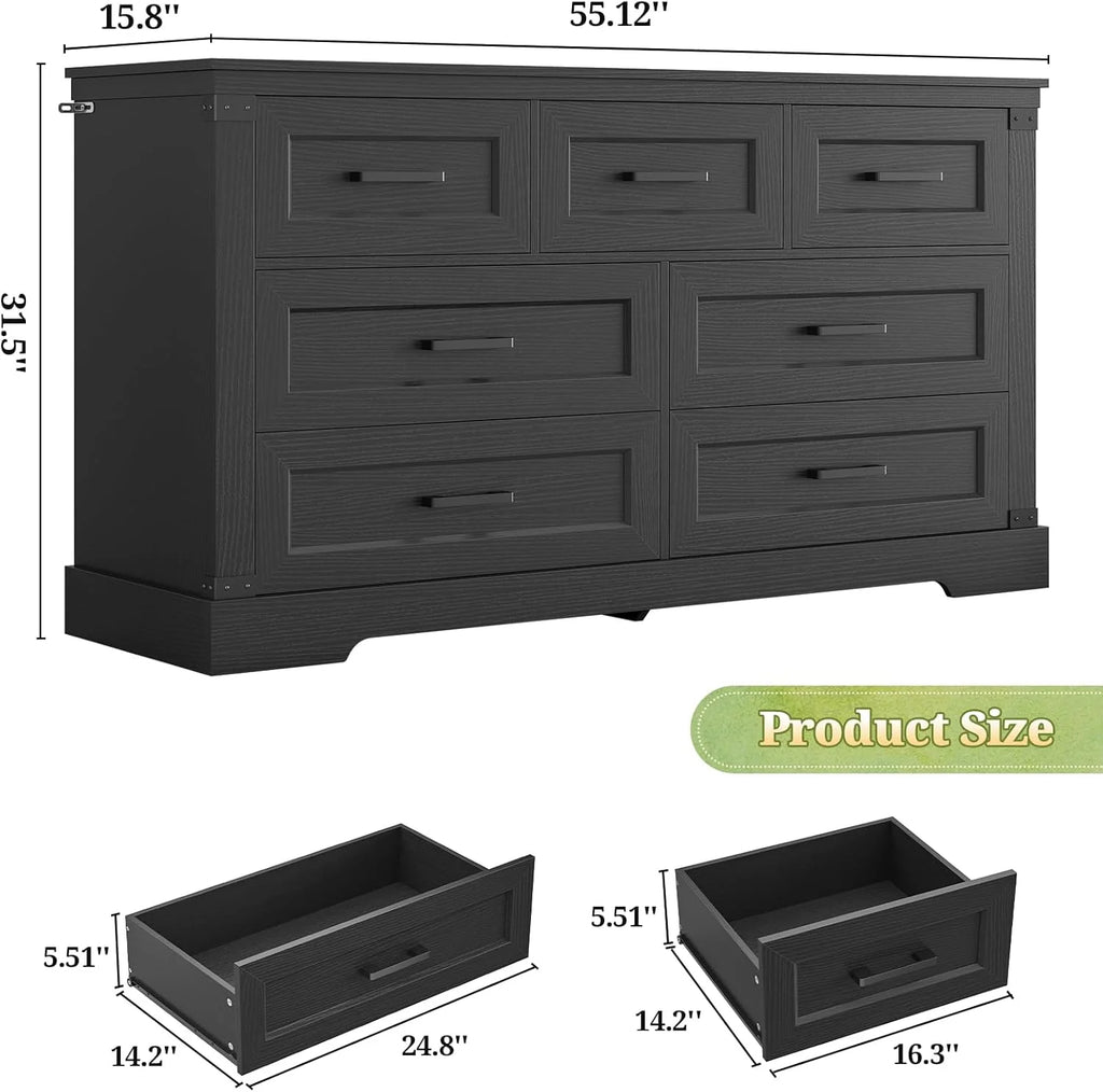Aunfebrco Black Dresser for Bedroom Farmhouse 7 Drawers Dresser & Chest of Drawers with Thick Styling, Large Clothing Storage Organizer for Living Room