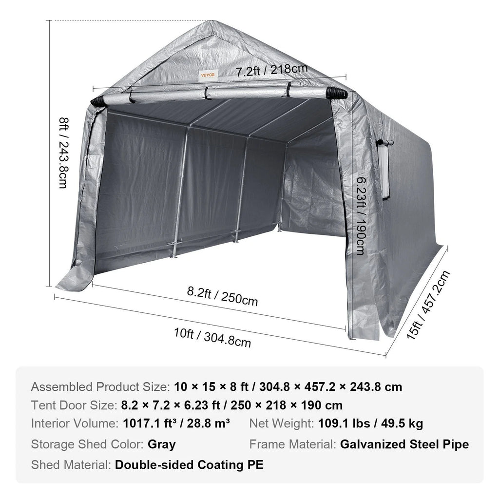 10x15x8ft Heavy Duty Portable Garage Tent Canopy Carport with Roll-up Zipper Door & Ventilated Windows for Car, Motorcycle, Bike, Outdoor Storage