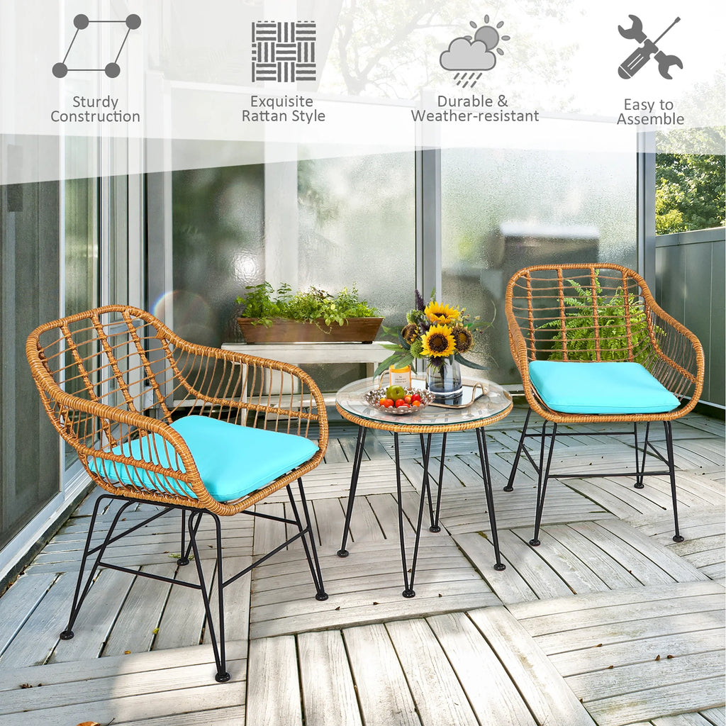 Costway 3PCS Patio Rattan Bistro Furniture Set Cushioned Chair Table Navy