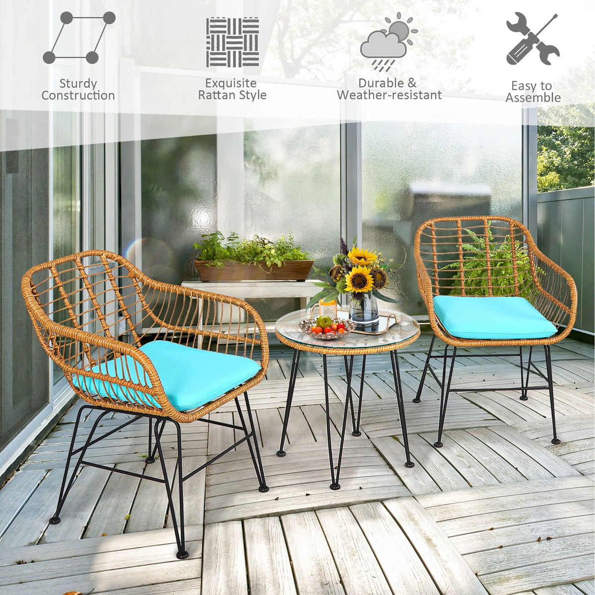 Costway 3PCS Patio Rattan Bistro Furniture Set Cushioned Chair Table Navy