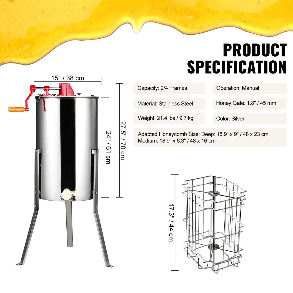 BENTISM Manual Honey Extractor, 2/4 Frames Beekeeping Equipment Stainless Steel with Height Adjustable Stand and Transparent Lid, Silver