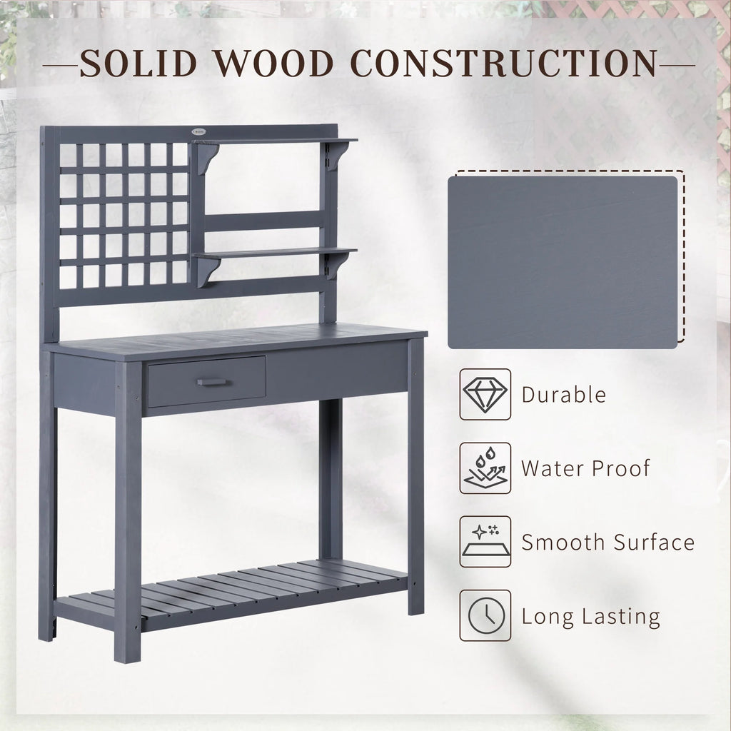 Outsunny Potting Bench Table, Garden Work Bench, Outdoor Wooden Workstation with Tiers of Shelves and Drawer for Patio, Courtyards, Balcony, Grey