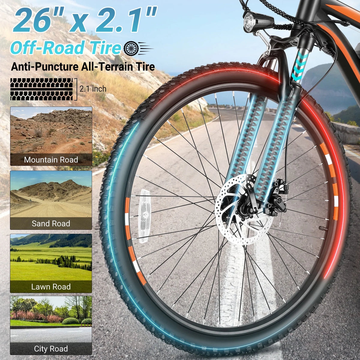 Gocio 26" Electric Bike for Adults, 500W Electric Mountain Bike, 48V 7.8Ah Removable Battery, Ebike with Front Fork Suspension, 21 Speed, UL 2849