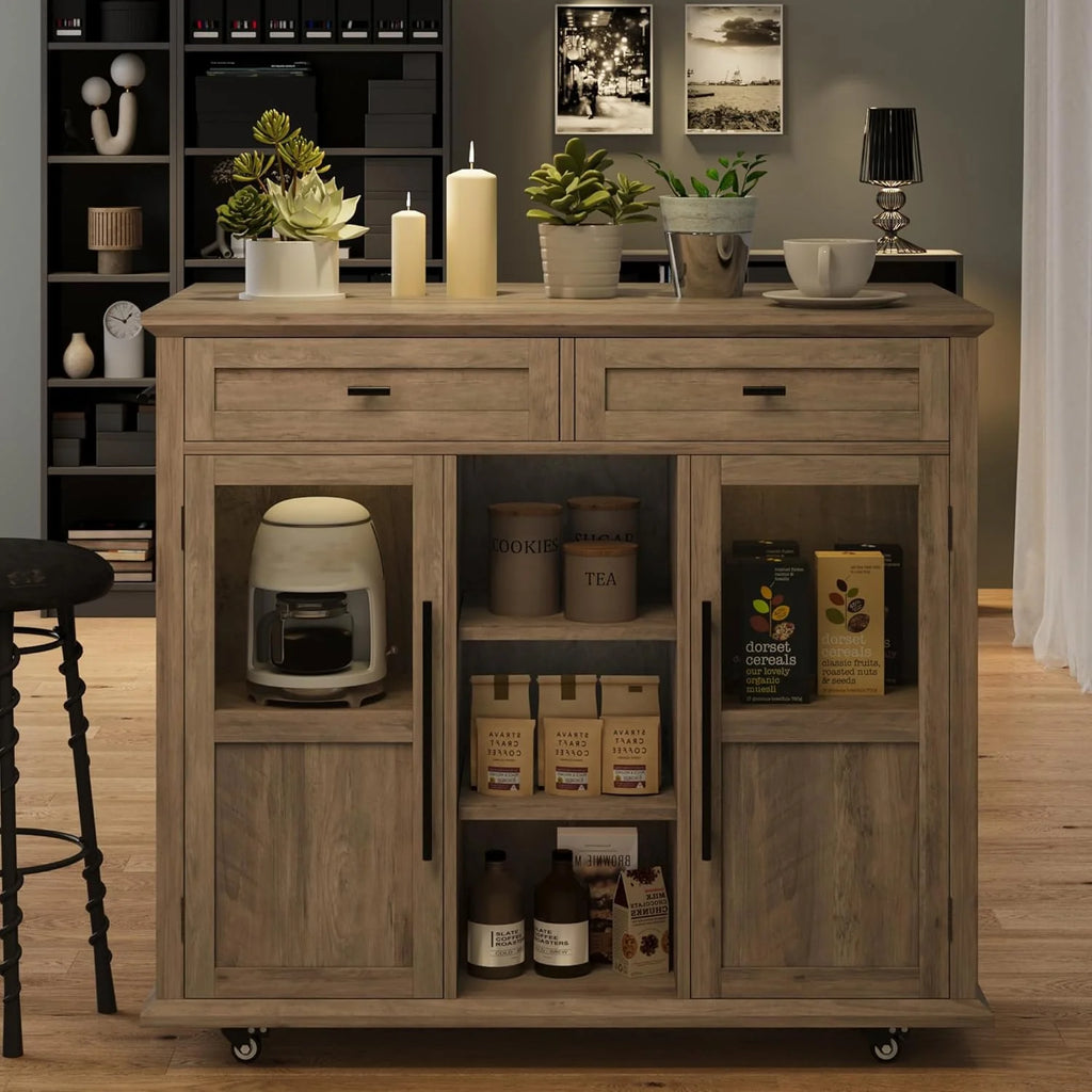 WALYWIK Foldable Kitchen Island Cart with Wheels, 2 Glass Doors, Spice Rack & Towel Holder Compact Mobile Storage Cart for Small Kitchens, Dining Rooms, Camping & RVs - Grey
