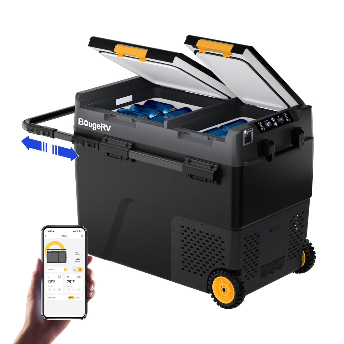 BougeRV Car Refrigerator 61QT Dual Zone, 12 Volt Portable Freezer Fridge with Wheels, APP Control Compressor Refrigerator 12V/24V DC for RV Truck Vehicle Boat Outdoor Travel Camping Trip Use