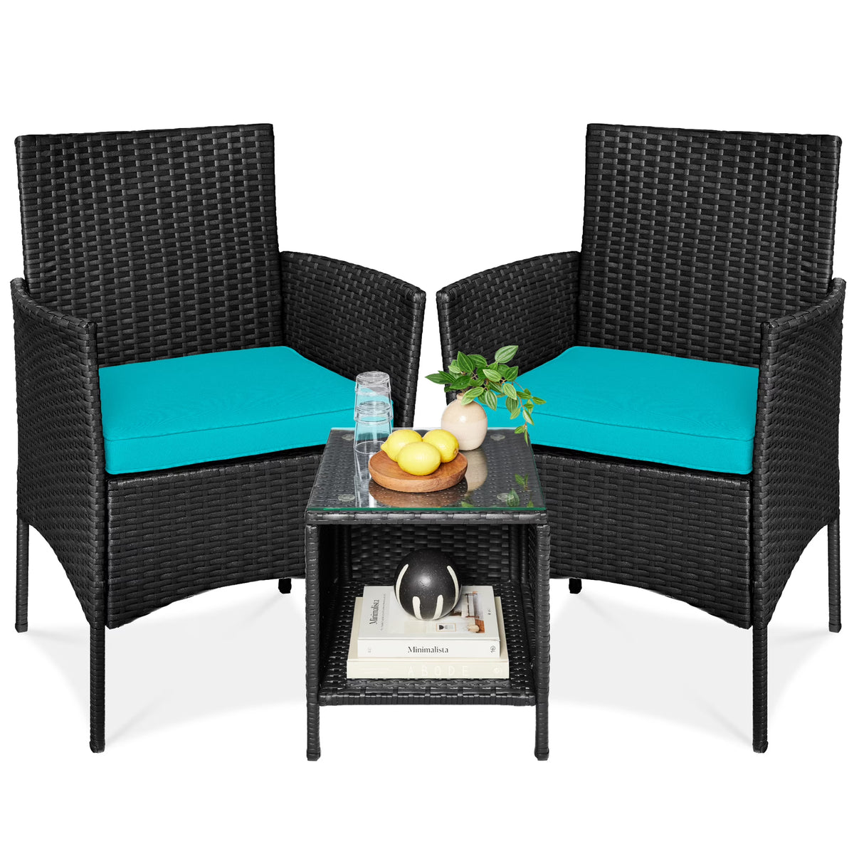 Best Choice Products 3-Piece Outdoor Wicker Conversation Patio Bistro Set, w/ 2 Chairs, Table - Gray/Navy