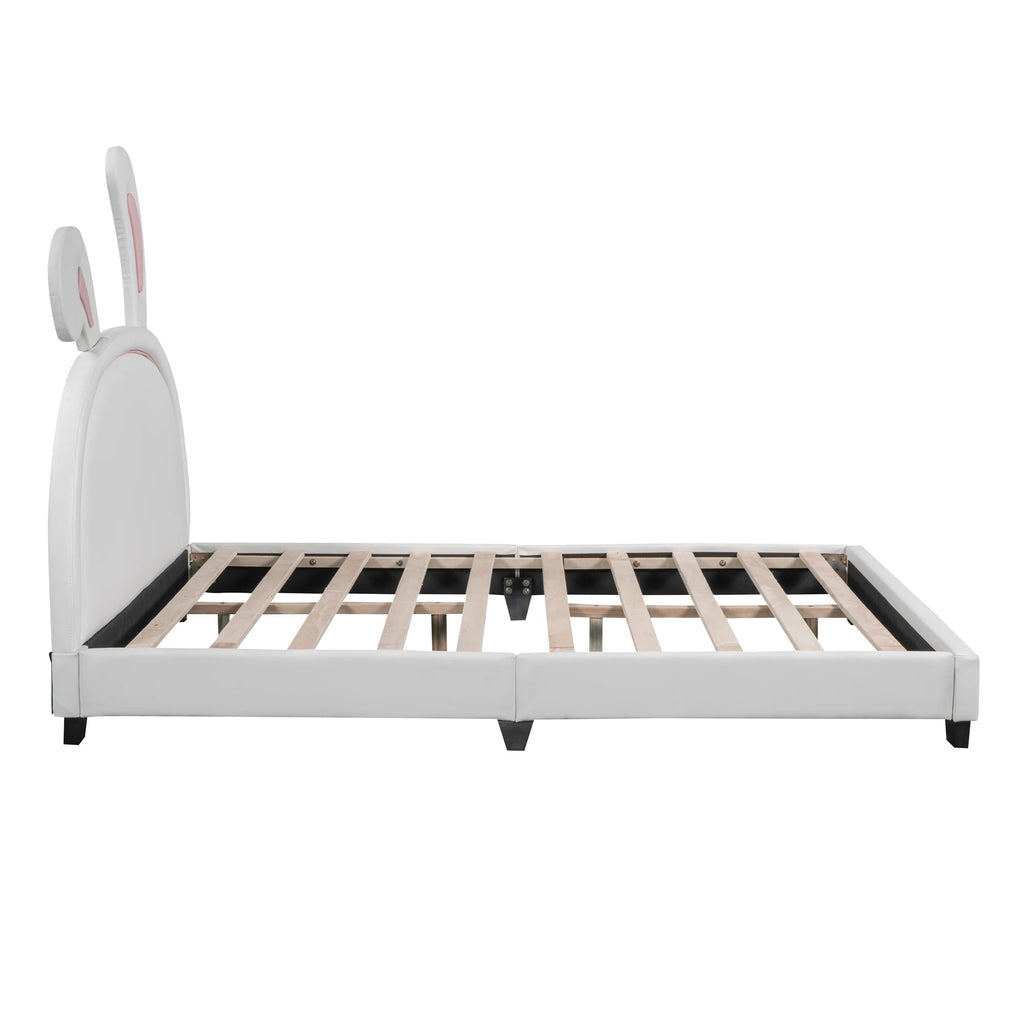 Euroco Upholstered Full Size Platform Bed, PU Cartoon Bunny Bed for Kids, Gray