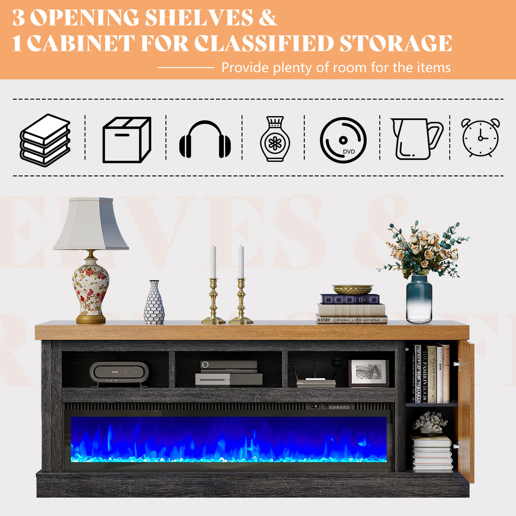 Merluxy 75" Fireplace TV Stand for TVs up to 85", Black & Brown