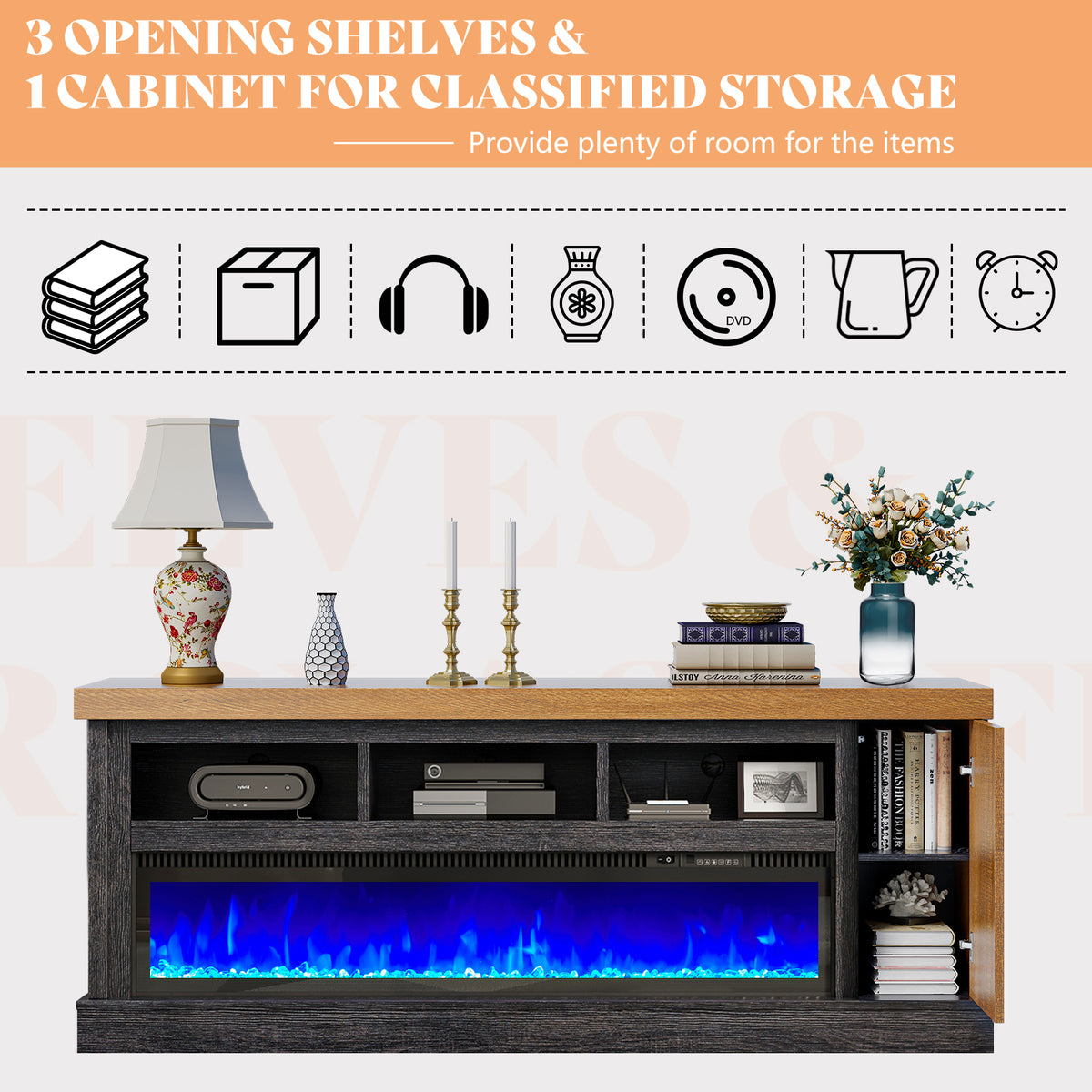 Merluxy 75" Fireplace TV Stand for TVs up to 85", Black & Brown
