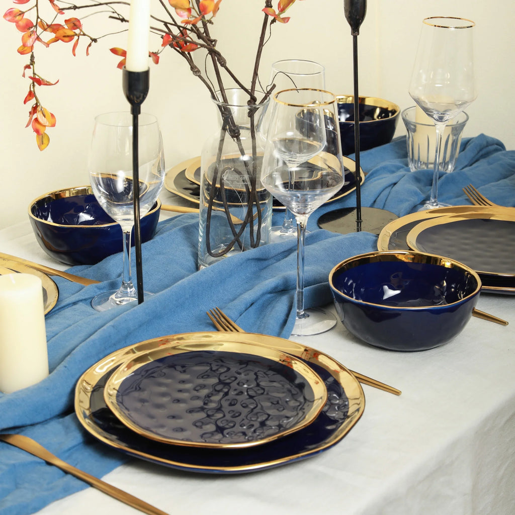 Stone Lain Florian Modern Porcelain Dish Set, 16-Piece Dishes for 4, Gold and Navy