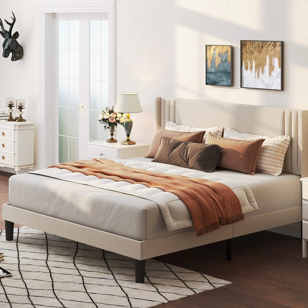 Full Size Bed Frame, Bed Frame with Wingback Headboard Hold 850 lbs, Dark Gray