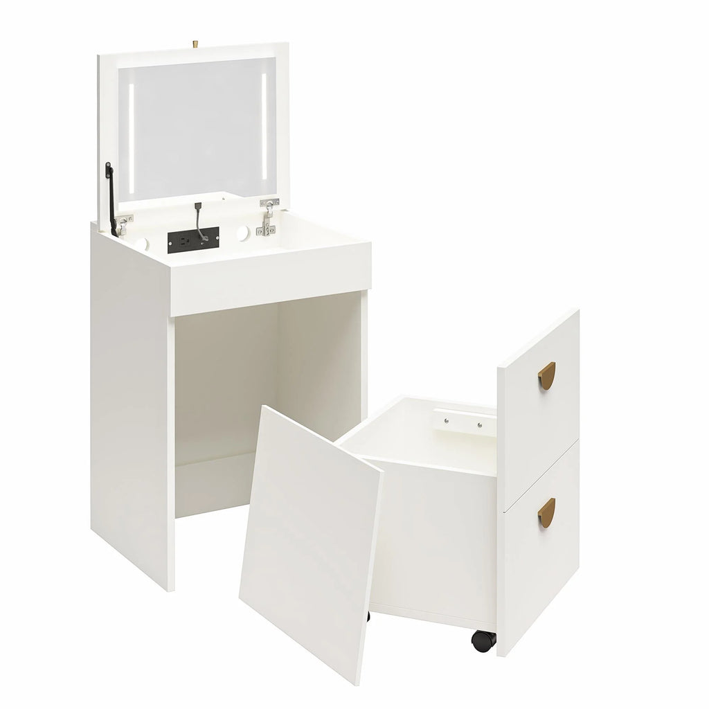 Ameriwood Home Compact 3-in-1 Vanity Set, Makeup Storage Desk & Stool, Mirror w/ LED lights & USB Charging Station, White
