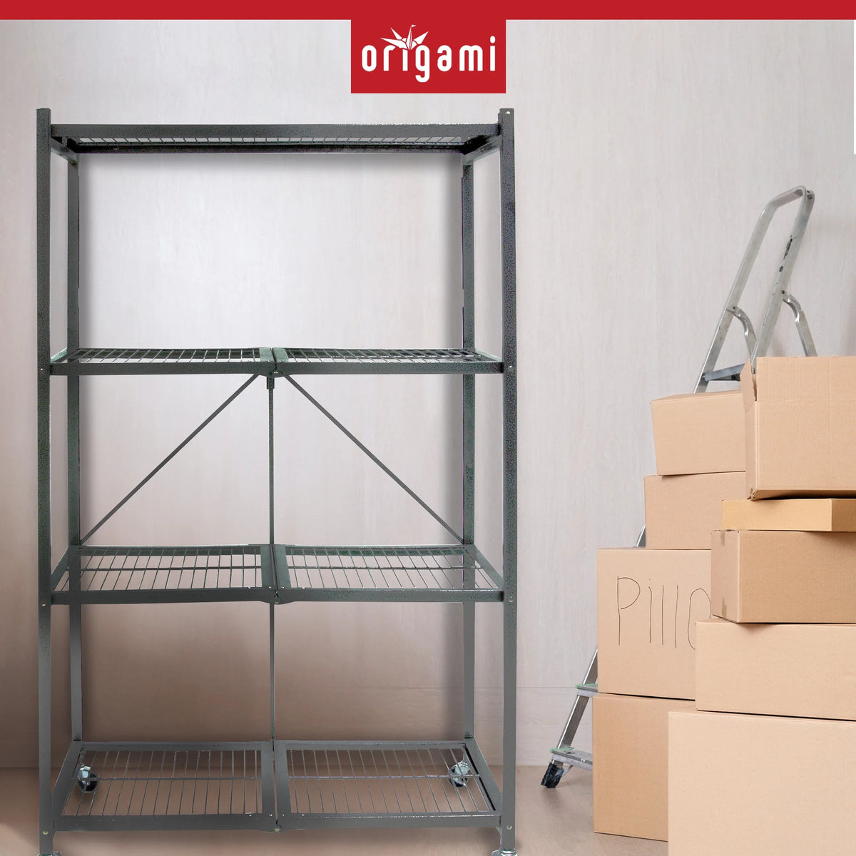 Origami 2-Pack R5 Series Heavy-Duty 4-Tier Foldable Steel Shelf, Pewter