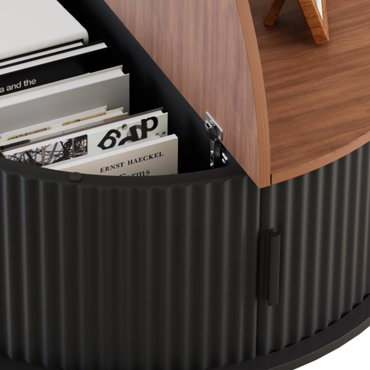 RUMLIVE Round Coffee Table with Storage, 30.7" Modern Coffee Table with 360 Curved Sliding Door, Fluted Wood Coffee Table with Footpads, Round Center Table for Living Room, Black