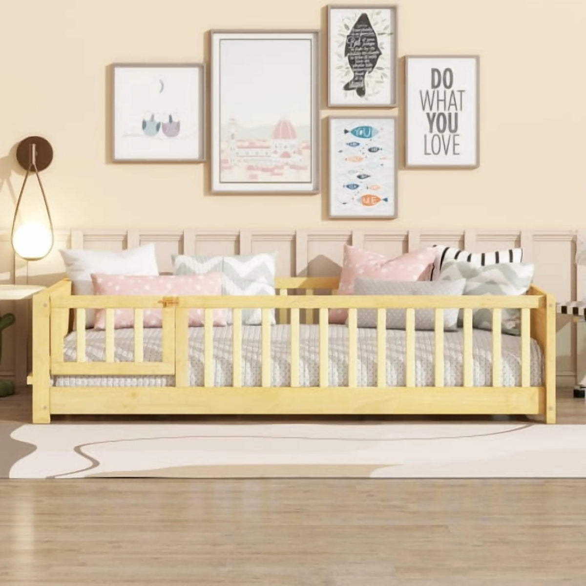 Bellemave Twin Size Floor Bed with Fence, Montessori Floor Twin Bed with Built-in Book Rack, Solid Wood Twin Bed with Slats and Safety Guardrails, Natural