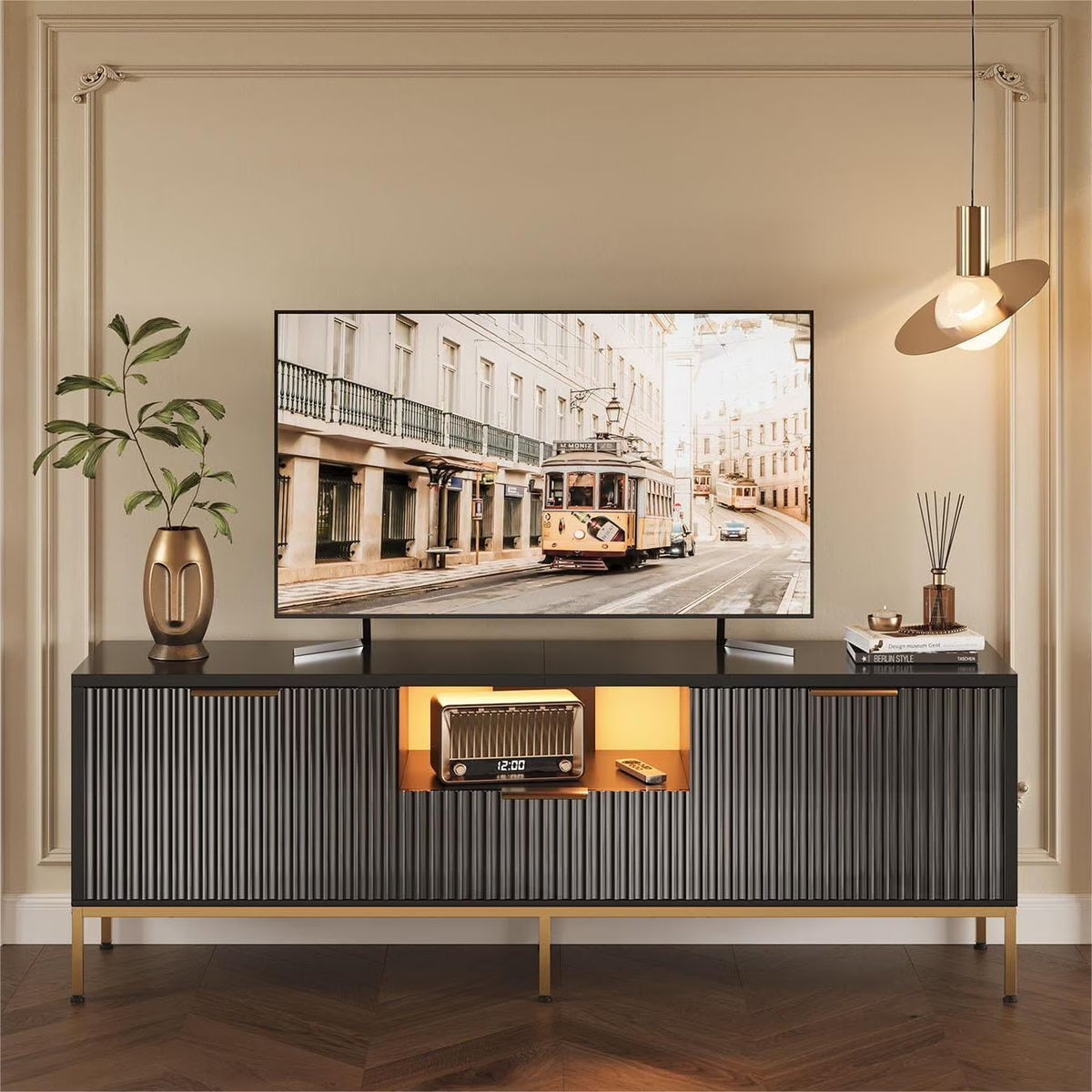 Bestier 55" LED TV Stand for TVs up to 60" Modern High Gloss Entertainment Center with Drawers Cabinets Fluted TV Console, White & Gold