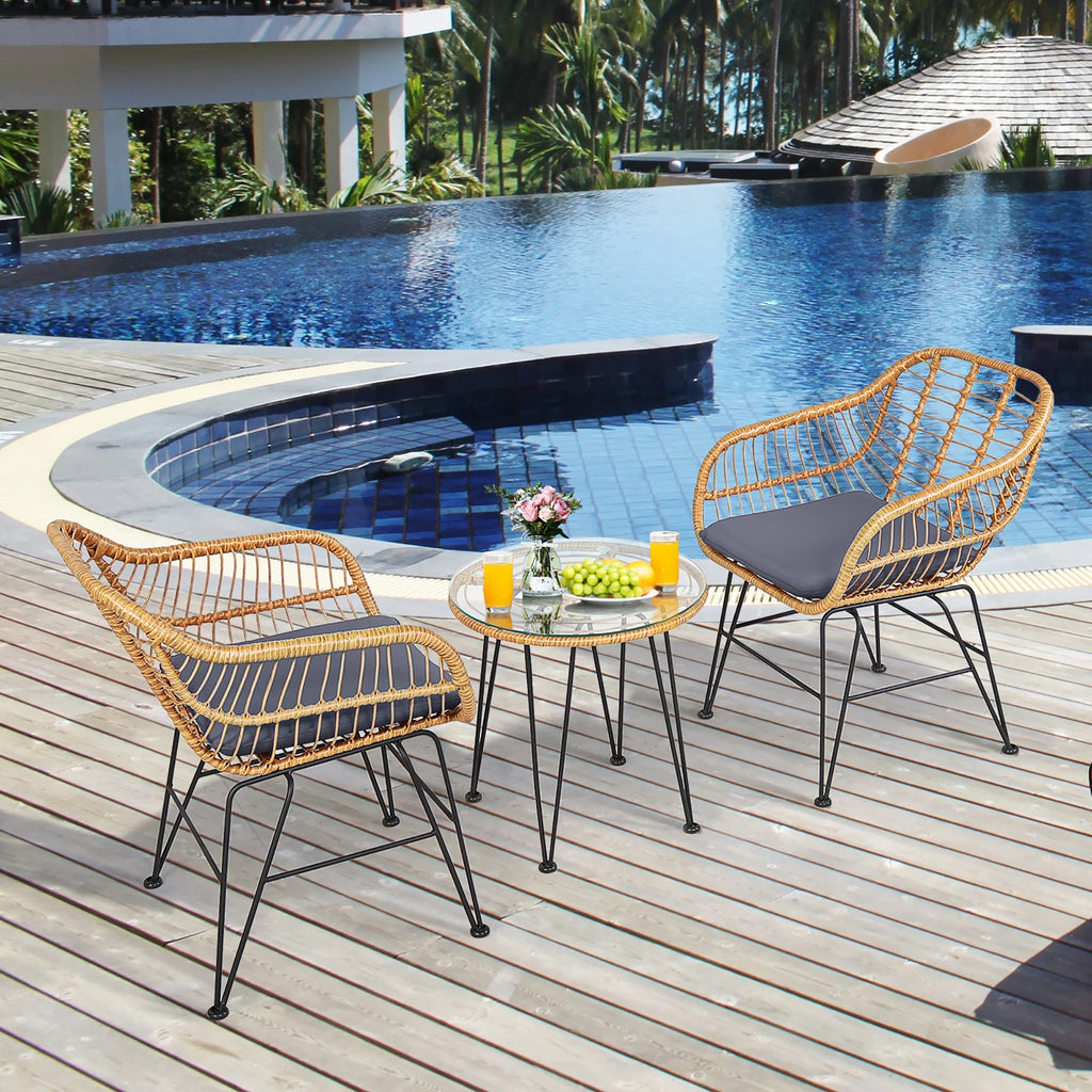 Costway 3PCS Patio Rattan Bistro Furniture Set Cushioned Chair Table Navy