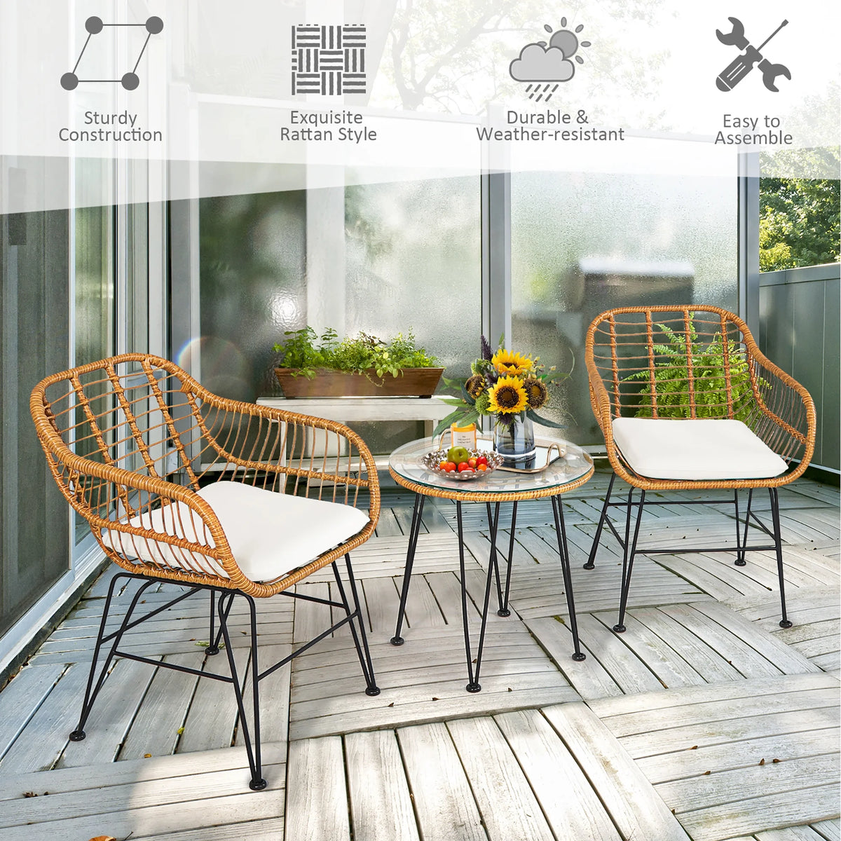 Costway 3PCS Patio Rattan Bistro Furniture Set Cushioned Chair Table Navy