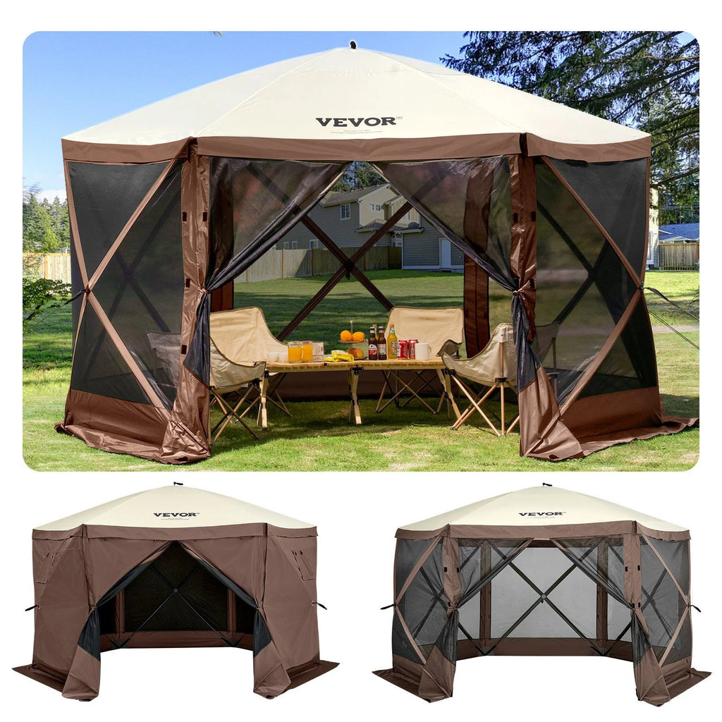 Extra Large 12x12ft Pop-Up Screen Tent, Portable Gazebo Canopy with Mesh Sides Water-Resistant Shelter for Camping, Beach, Lawn (Brown/Beige, 6-Sided Design)