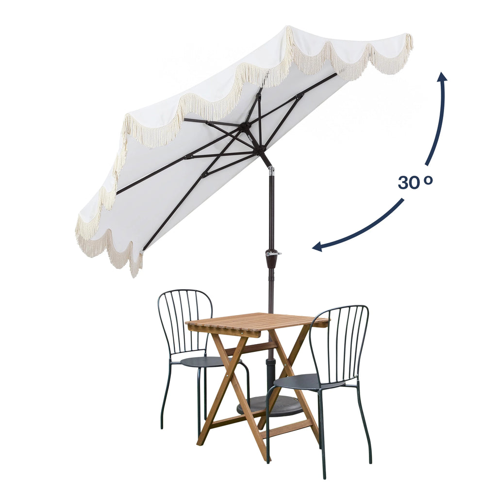JONATHAN Y Beverly 9 ft. Half Market Patio Umbrella, Designer Classic Scalloped Fringe with Crank, Tilt Button and UV Protection, Blue/White/Cream, Dark Brown Pole