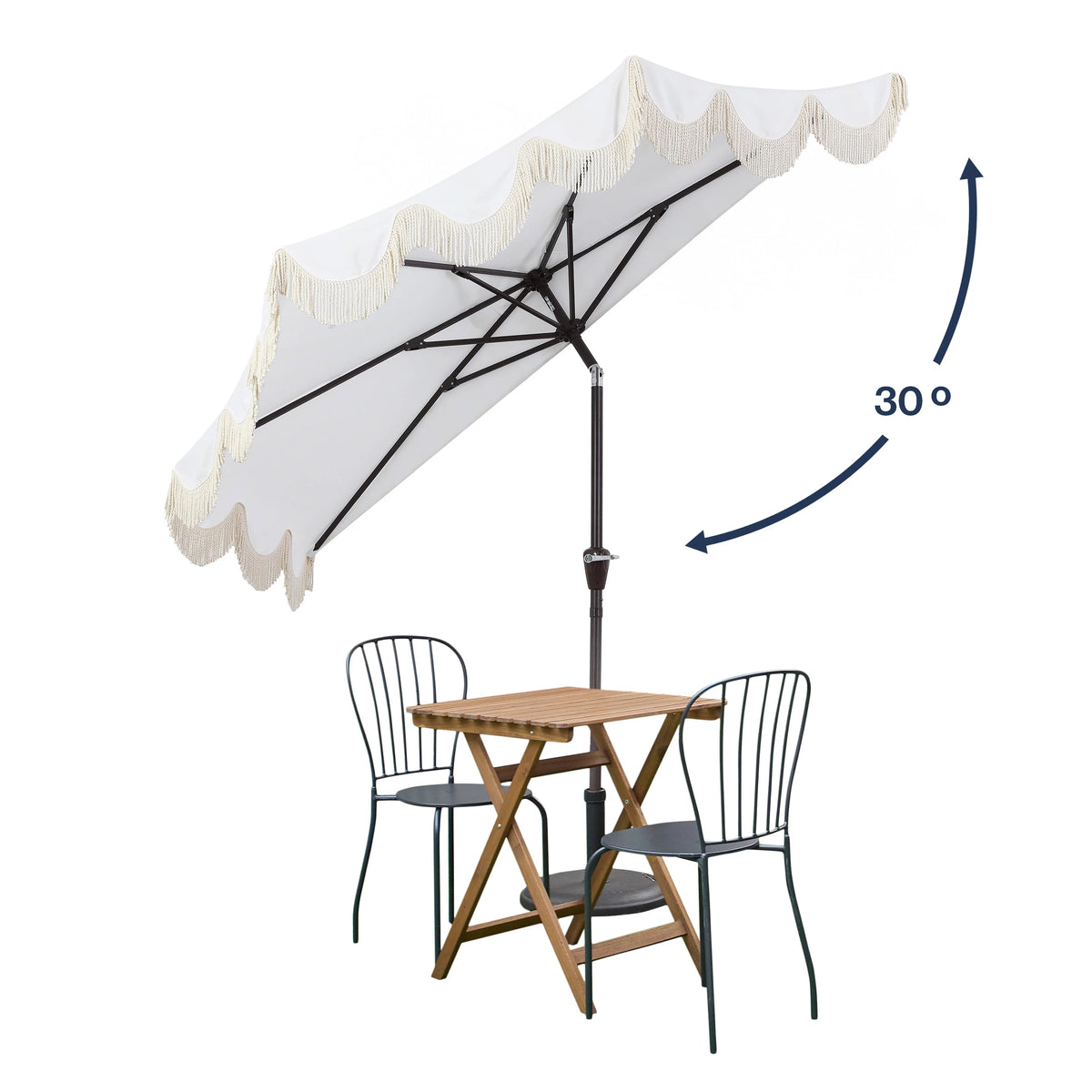 JONATHAN Y Beverly 9 ft. Half Market Patio Umbrella, Designer Classic Scalloped Fringe with Crank, Tilt Button and UV Protection, Blue/White/Cream, Dark Brown Pole