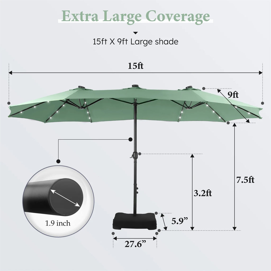 Summit Living 15 FT Double-Sided Solar Patio Umbrella with Base Large Outdoor Umbrella with LED Solar Lights - Haze Blue