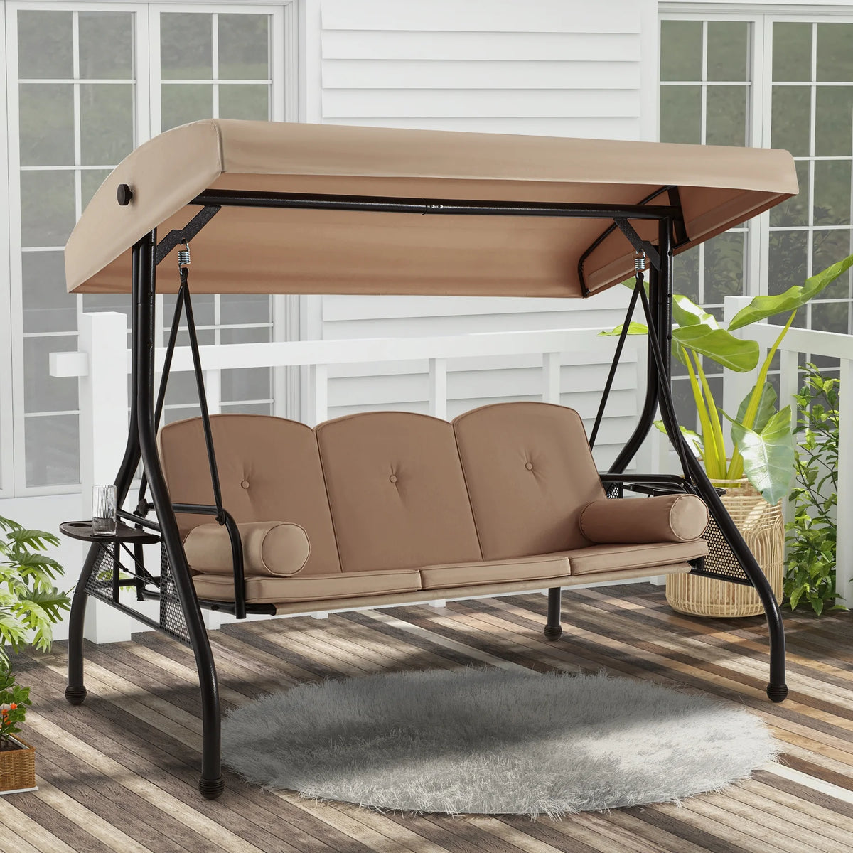 Homrest 3 Seat Outdoor Porch Swing with Adjustable Canopy, Cushions, and Cup Holder - Wine Red