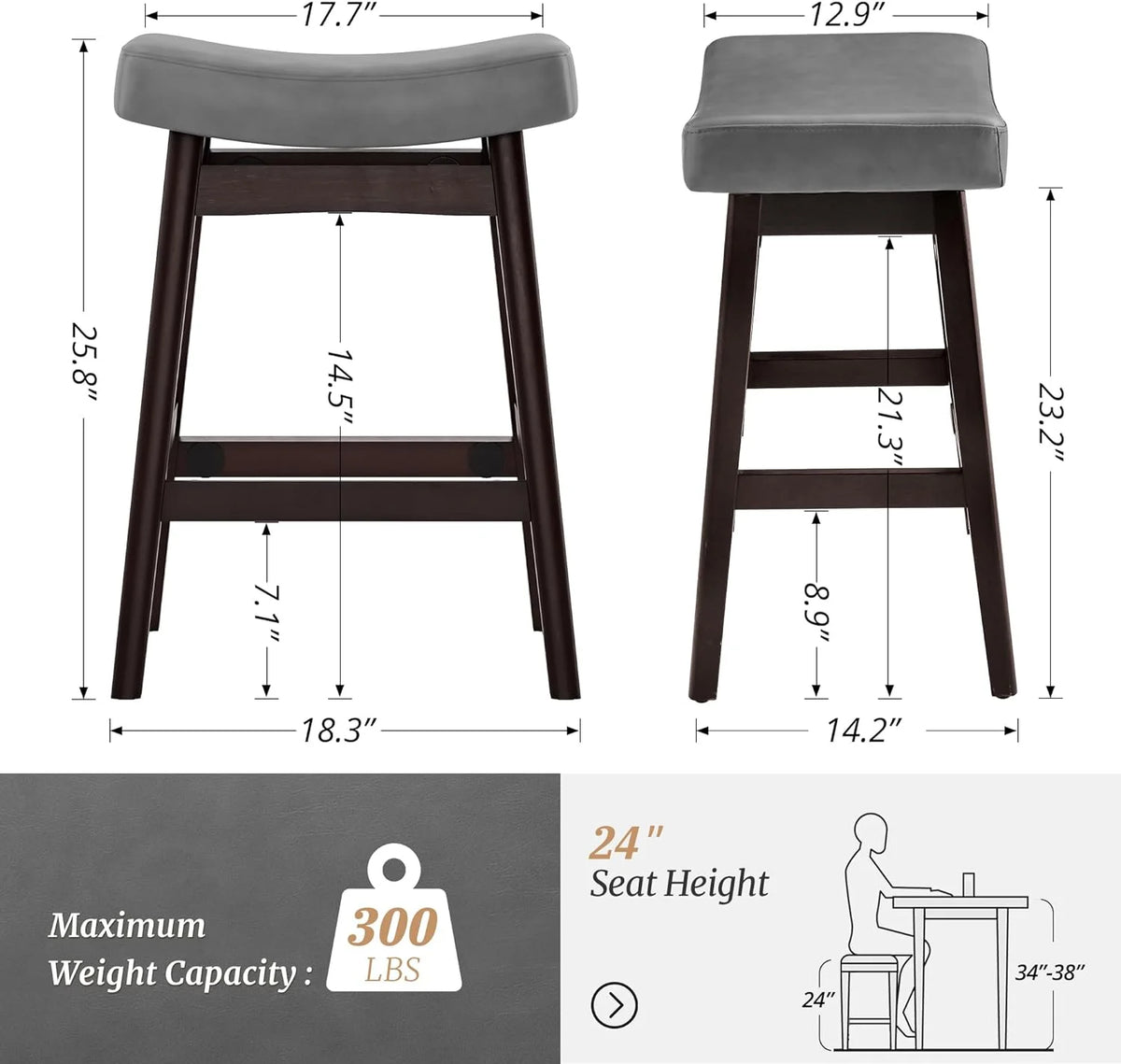 Dycanpo Saddle Seat Counter Height Bar Stools Set of 3 for Kitchen, Dining, 24in, Beige-Fabric