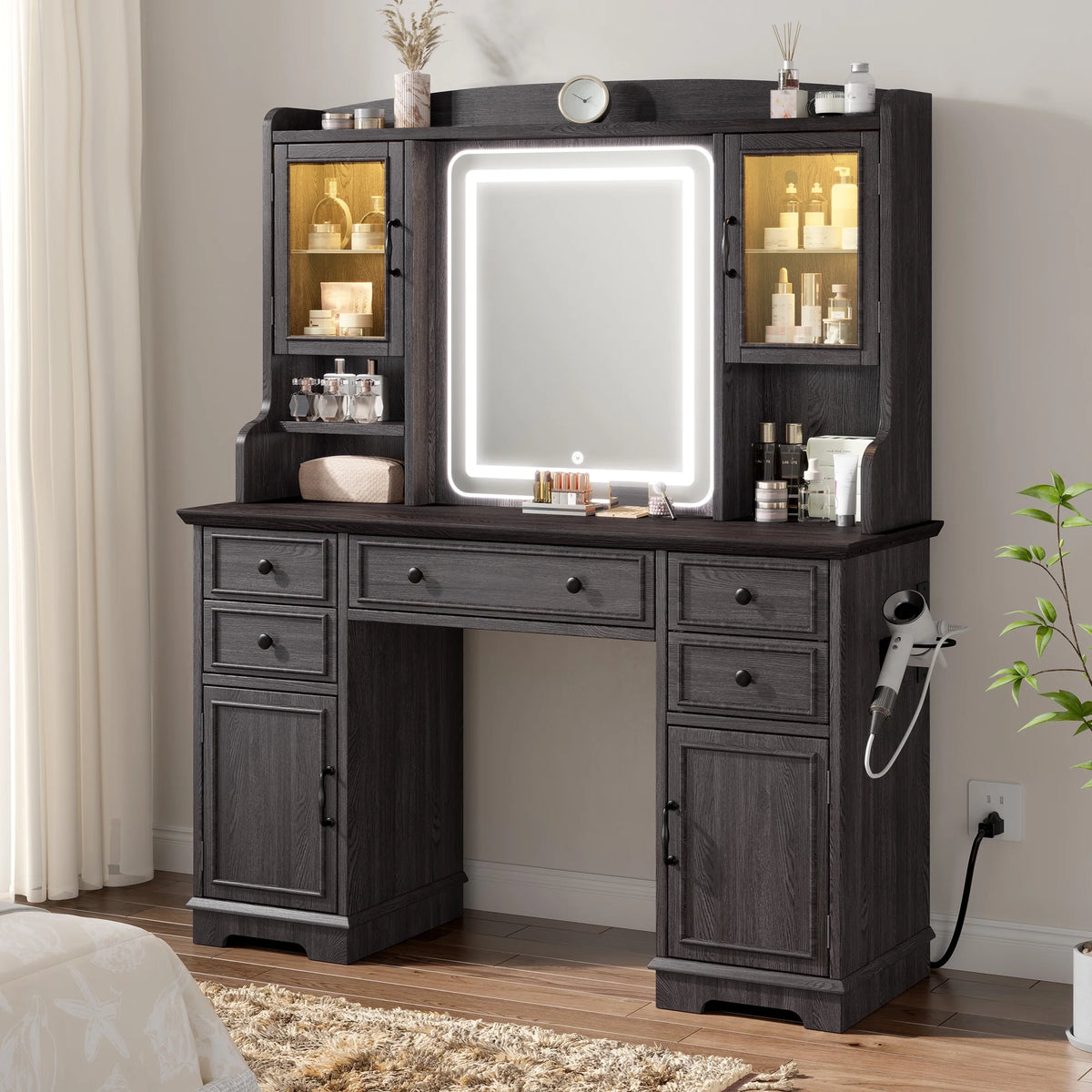 EnHomee Farmhouse Vanity Desk with Mirror and Lights White Vanity with Lighted Mirror Makeup Vanity Set with RGB Cabinets and Storage Drawers