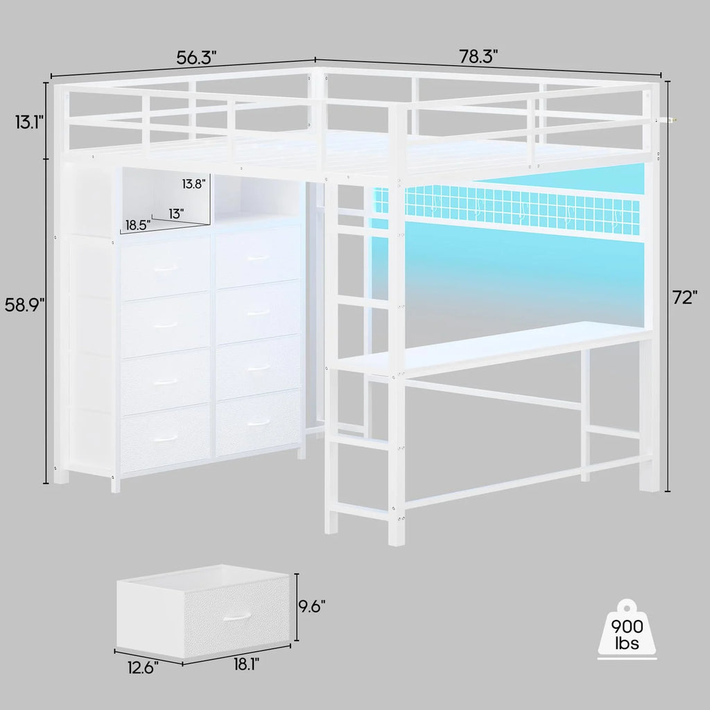 Afuhokles Twin Size Loft Bed with Desk and 8 Storage Drawers and Charging Station, Metal Loft Bed Twin with LED Lights, Storage Shelves, Black