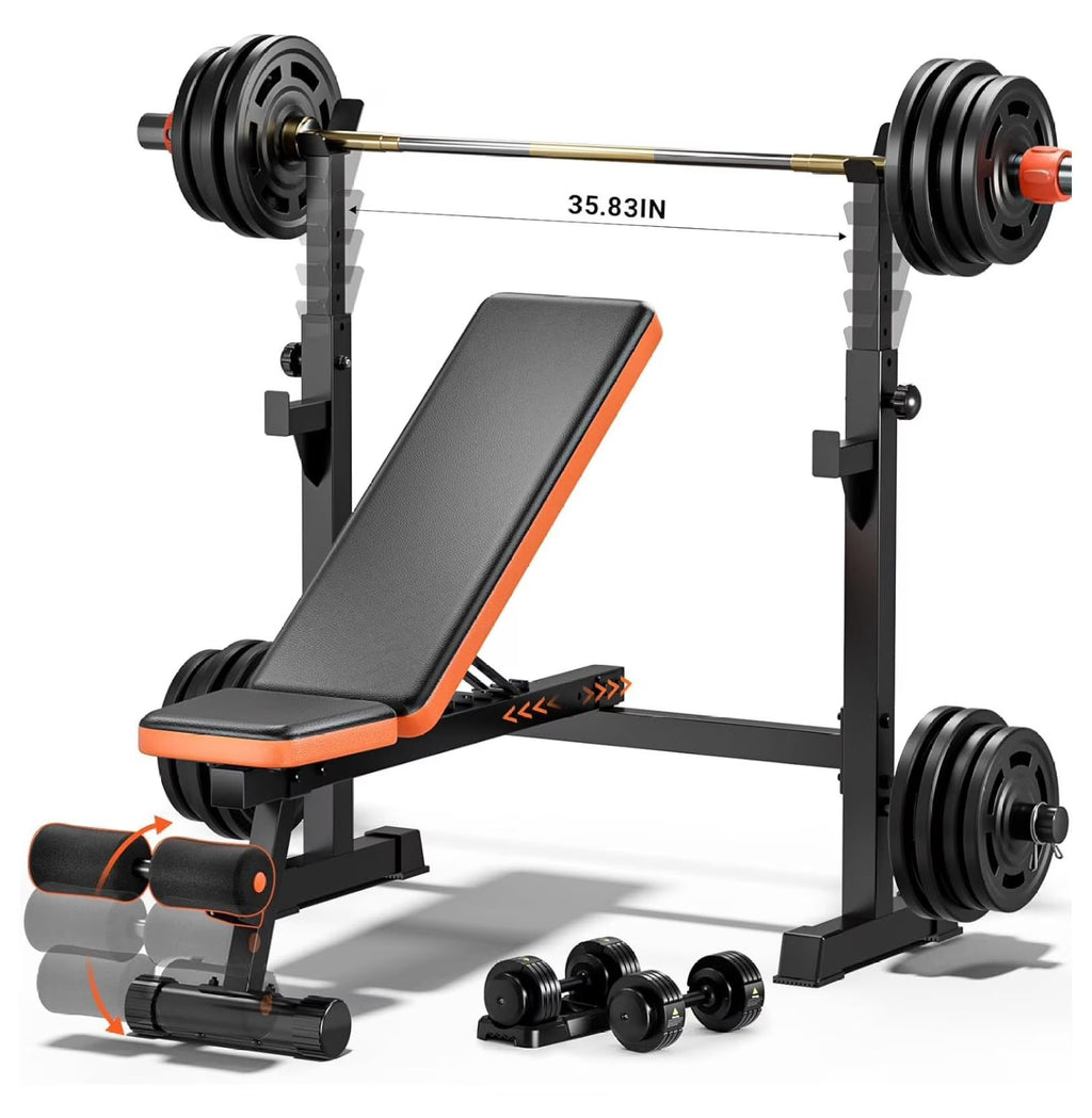 770lbs Weight Set with Squat Rack, 5 in 1 Workout Press With Removable Foot Catch, Adjustable Flat Incline Sit Up for Home Gym Full Body Strength Training orange