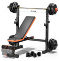 770lbs Weight Set with Squat Rack, 5 in 1 Workout Press With Removable Foot Catch, Adjustable Flat Incline Sit Up for Home Gym Full Body Strength Training orange