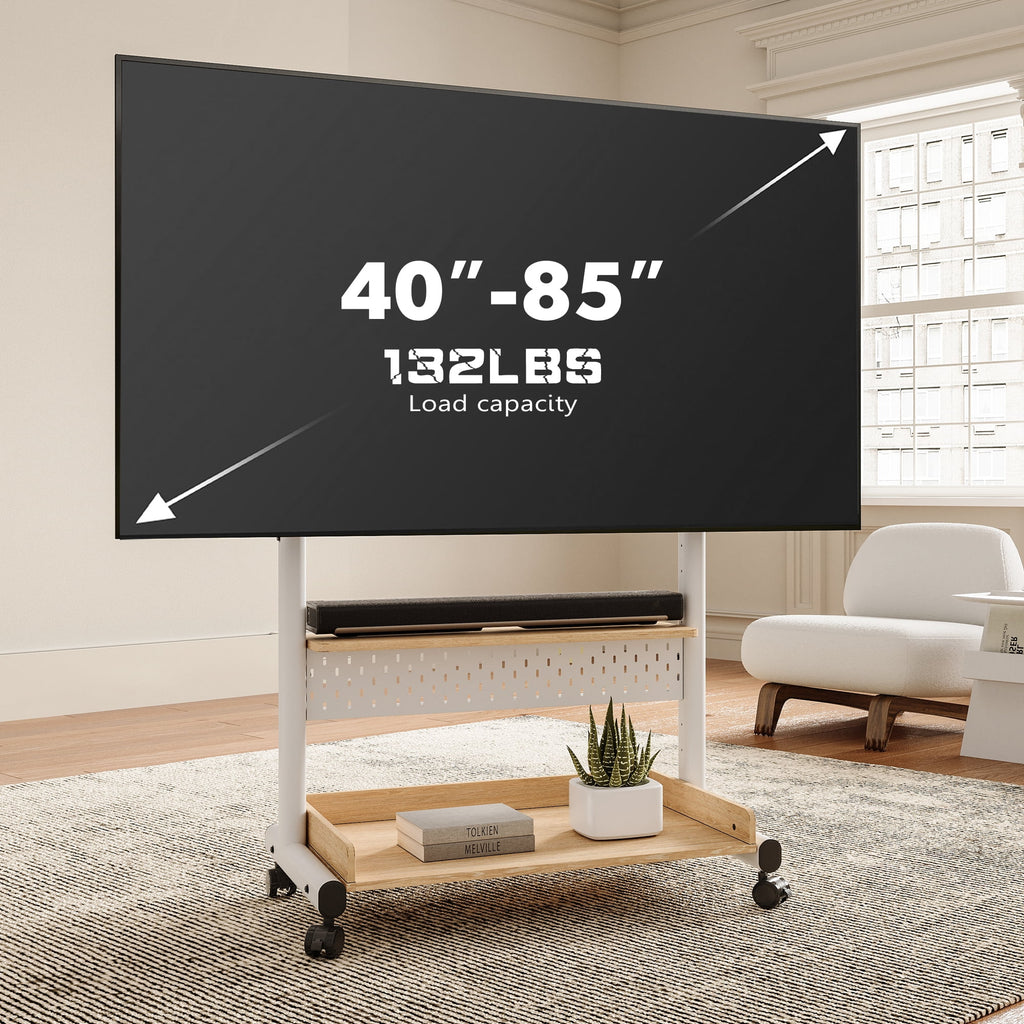 FITUEYES Rolling TV Stand with Wheels for 40-85 inch TVs, Height Adjustable Mobile TV Stand TV cart with Wooden Large Storage,White