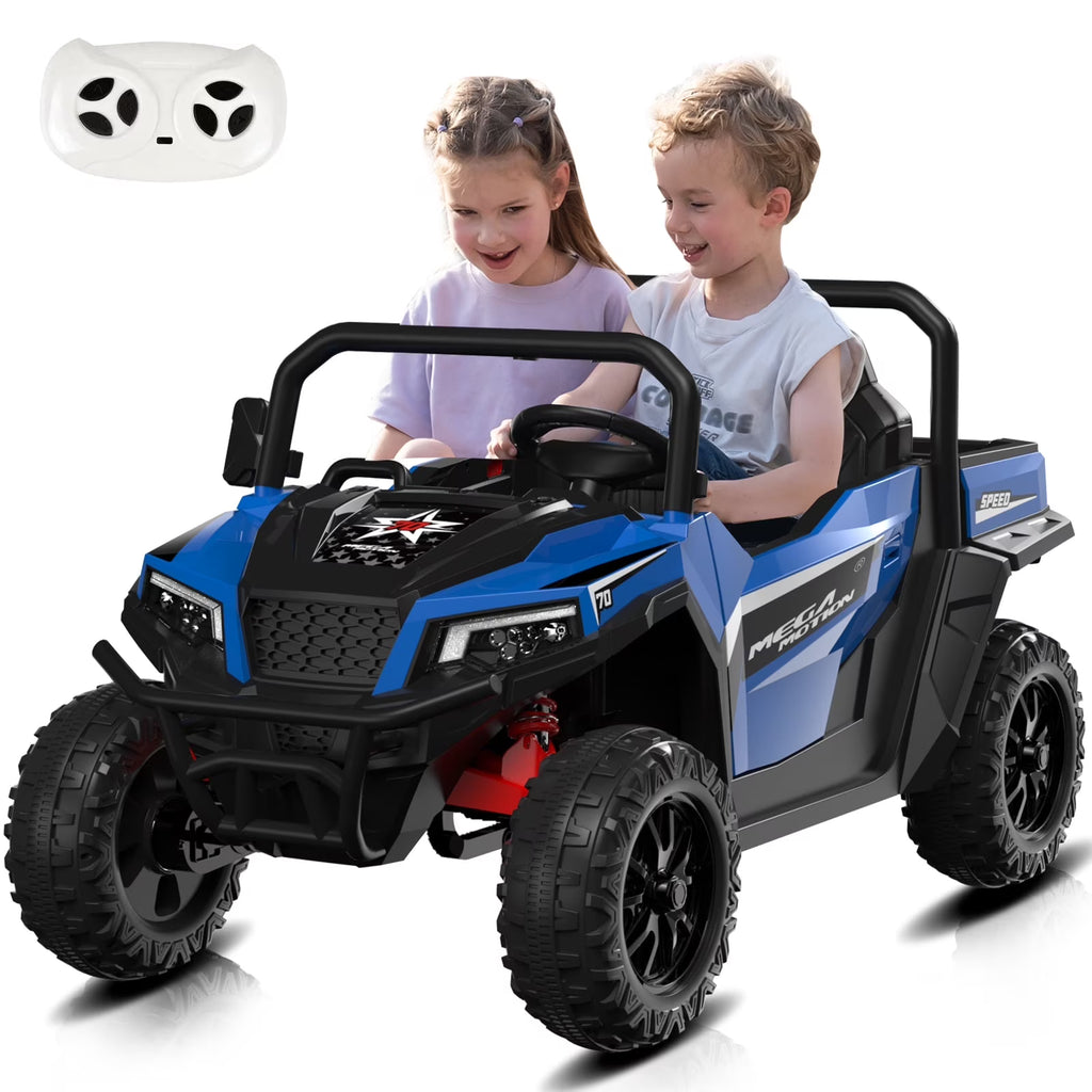 Mega Motion 24V Kids Electric Ride-On UTV Truck with 4WD, Dump Bed, 2 Seats, LED Lights, Music, Remote Control, Shovel, for Boys & Girls