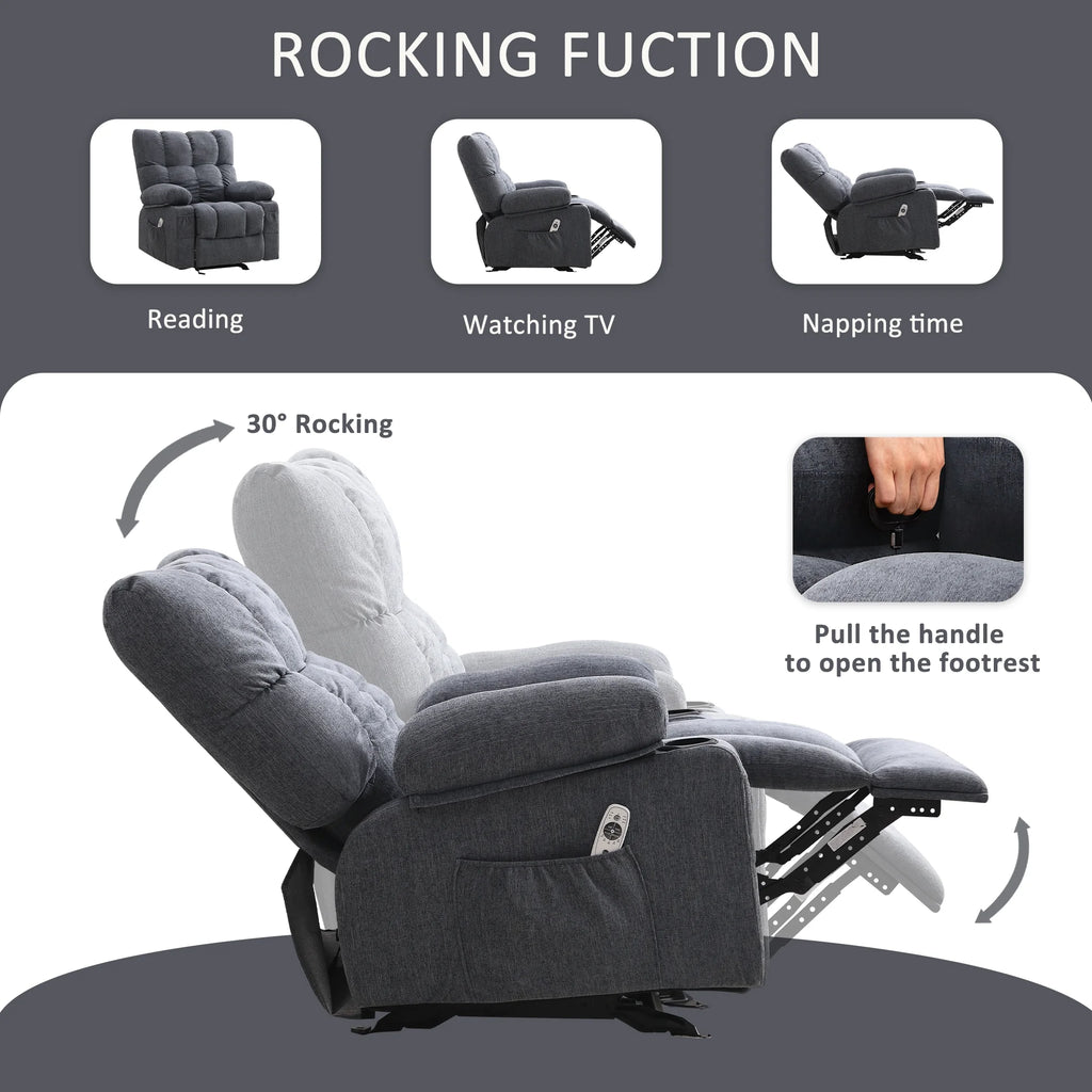 JONPONY Manual Recliner Chair with Heat Therapy and Massage Function, Heavy Duty Reclining Mechanism Massage Chair, Elderly Single Rocker Sofa with Cup Holders for Bedroom Home Theater,Grey