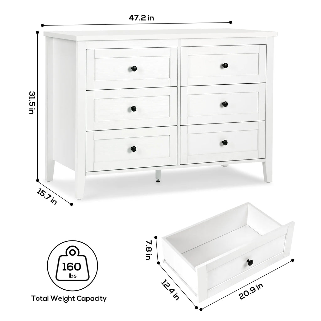 RichYa 6 Drawer Dresser for Bedroom,Chest of Drawers with Metal Knobs,Dresser for Closet,White