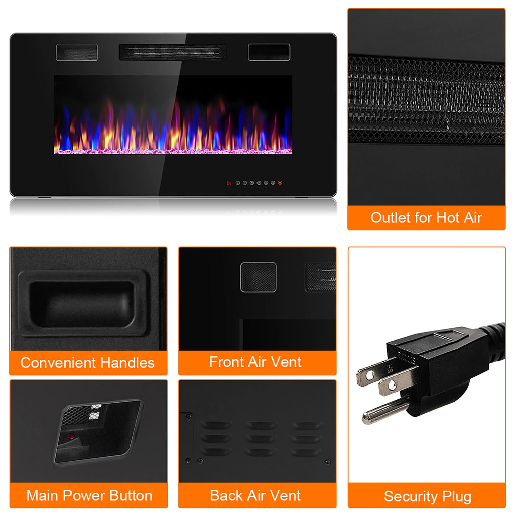 Costway 36'' Electric Fireplace Recessed Ultra Thin Wall-Mounted Heater w/Multicolor Flame